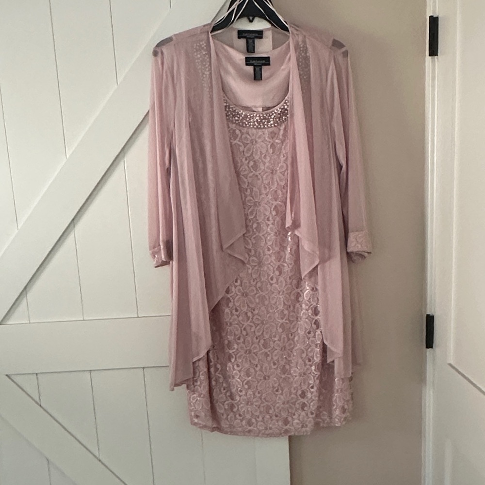 R & M Richards Blush Lace Wedding Dress Set